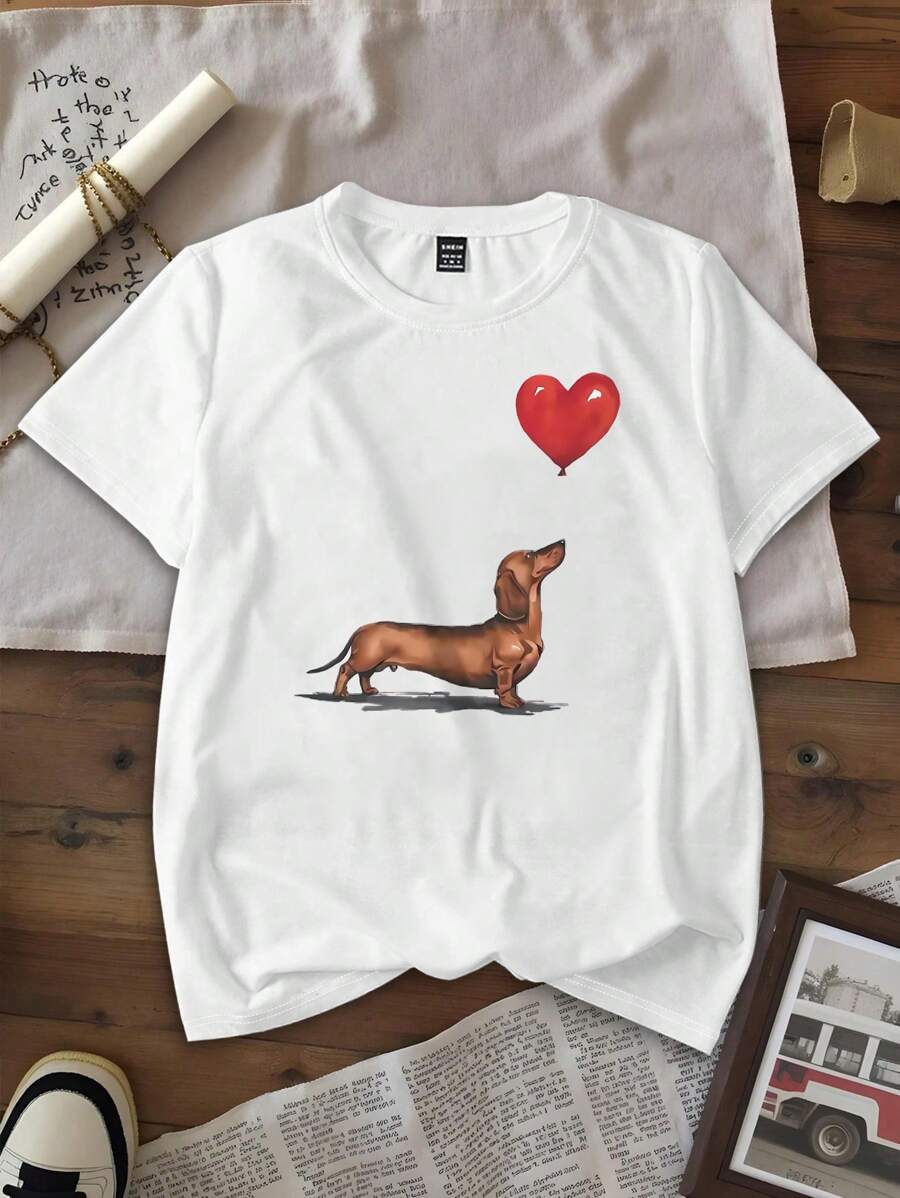 INAWLY Leuke zomertop met teckel en zwevende hartballonprint, dames casual ronde hals korte mouw T-shirt