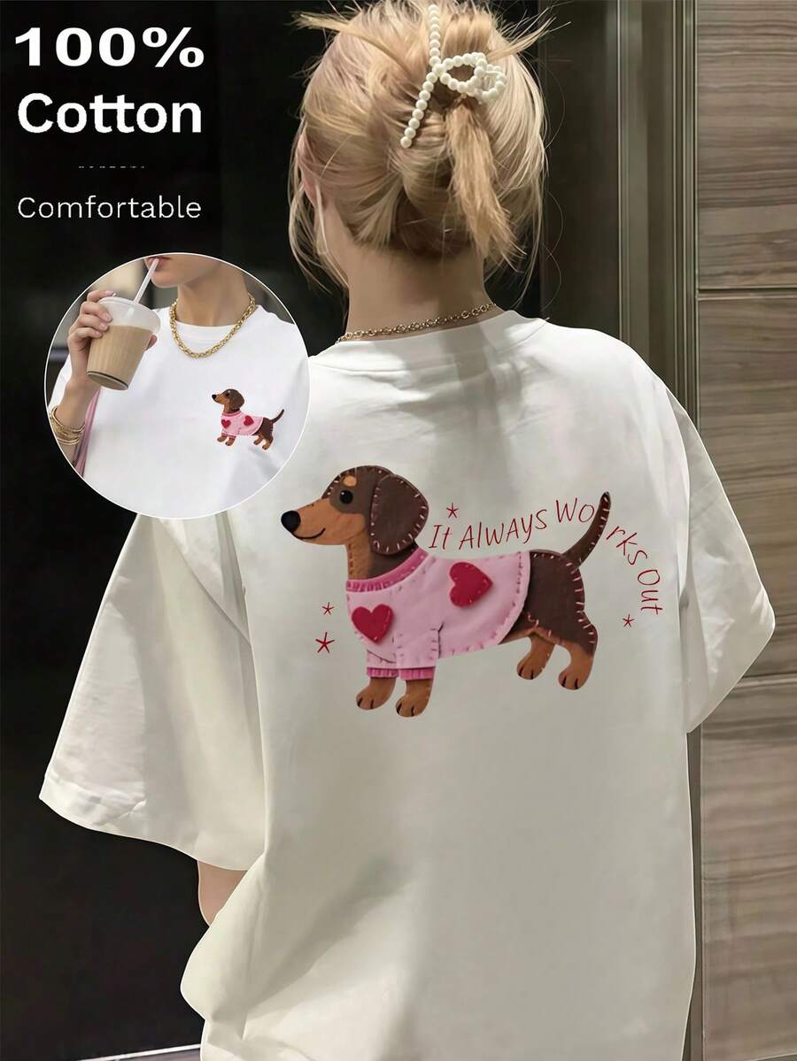 2026 Dames T-shirt Lente/Zomer, Effen T-shirt met Ronde Hals en Korte Mouwen, Losvallend model, 100% Katoen, Worsthondje, Geribbeld Katoenen Dames T-shirt, College Stijl Lente/Zomer Nieuw Sportief Dames T-shirt, Gedrapeerd Mode Zacht Ademend Dames T-shirt