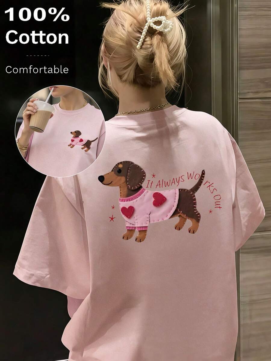 2026 Dames T-shirt Lente/Zomer, Effen T-shirt met Ronde Hals en Korte Mouwen, Losvallend model, 100% Katoen, Worsthondje, Geribbeld Katoenen Dames T-shirt, College Stijl Lente/Zomer Nieuw Sportief Dames T-shirt, Gedrapeerd Mode Zacht Ademend Dames T-shirt