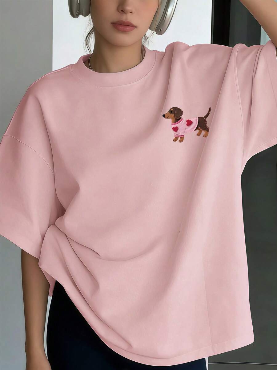 2026 Dames T-shirt Lente/Zomer, Effen T-shirt met Ronde Hals en Korte Mouwen, Losvallend model, 100% Katoen, Worsthondje, Geribbeld Katoenen Dames T-shirt, College Stijl Lente/Zomer Nieuw Sportief Dames T-shirt, Gedrapeerd Mode Zacht Ademend Dames T-shirt